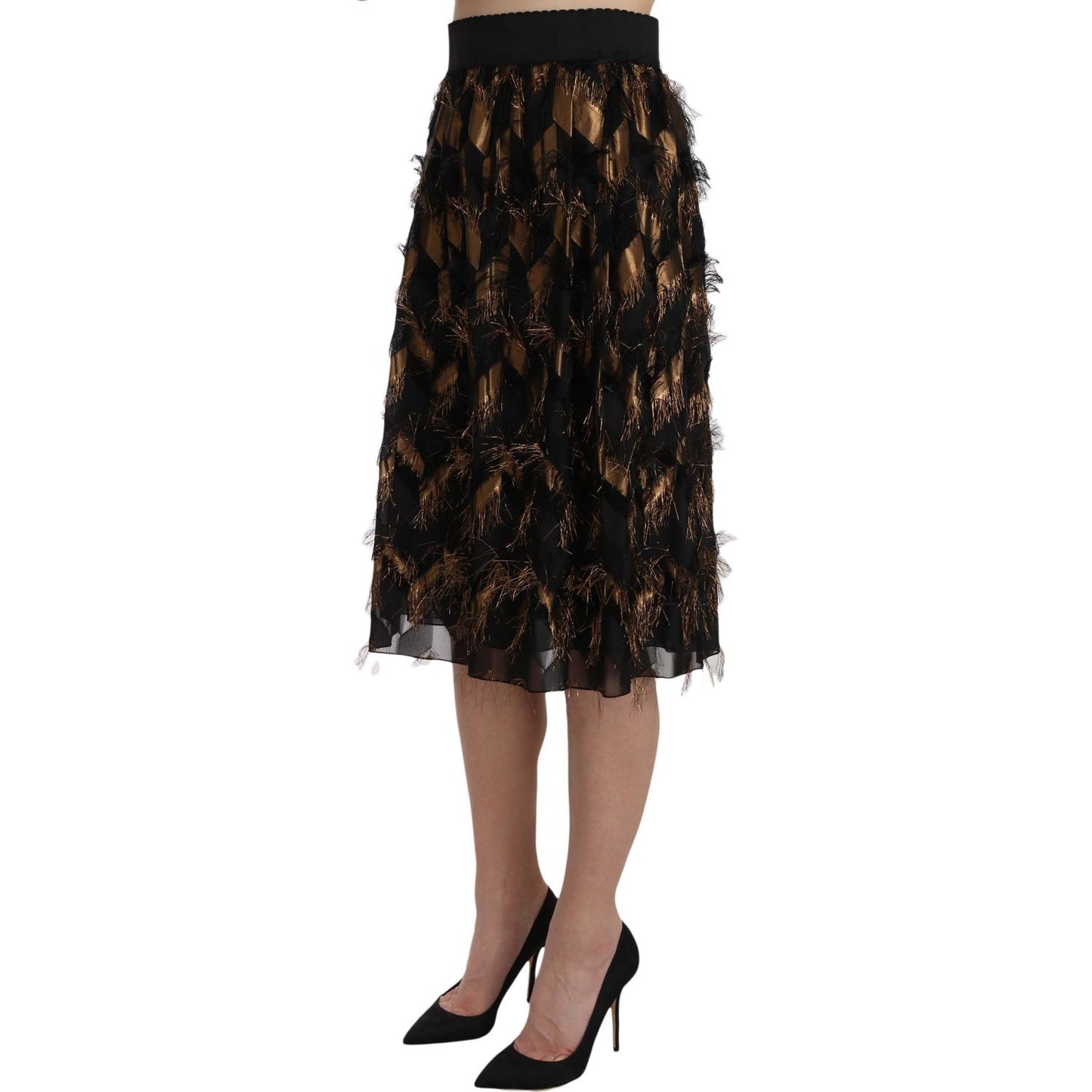 Dolce & Gabbana Black Gold Fringe Metallic Pencil A-line Skirt SKI1177-38