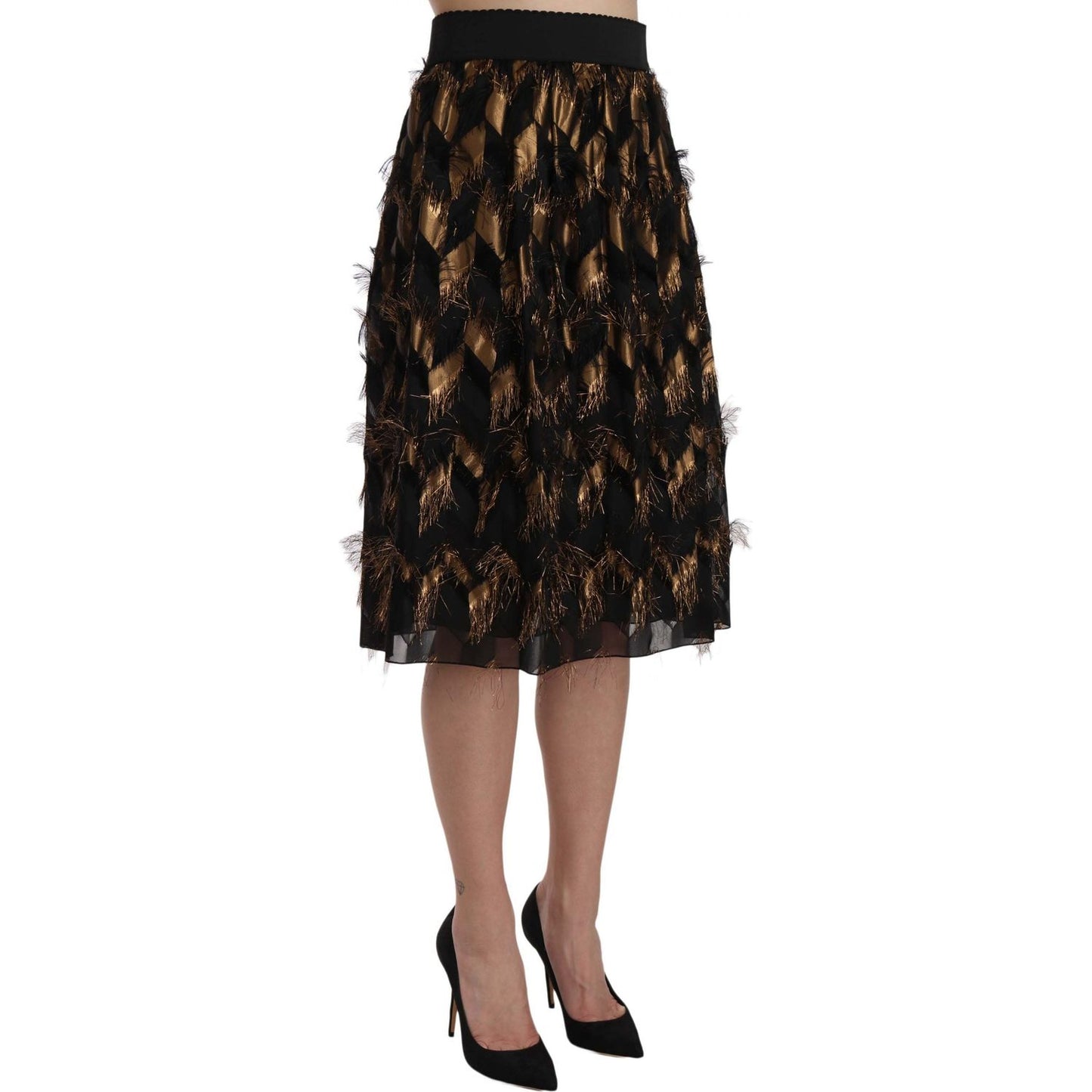 Dolce & Gabbana Black Gold Fringe Metallic Pencil A-line Skirt SKI1177-38