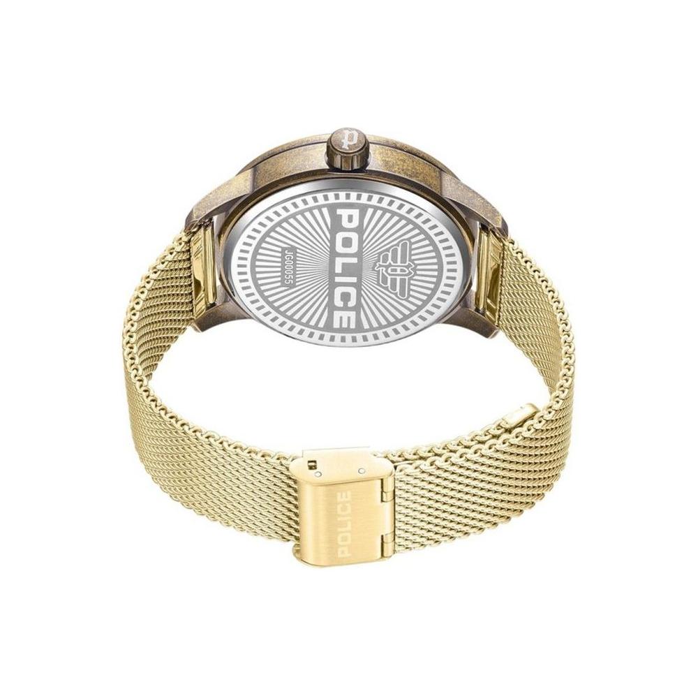 Back view of Police gold stainless steel watch with mesh bracelet and engraved logo on the case, quartz mechanism, 44mm dial.