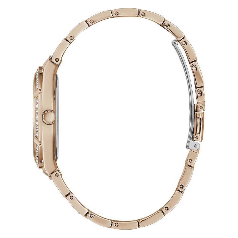 Side view of Guess multicolor stainless steel quartz watch with pink case and bracelet, mineral glass, pressure closure.