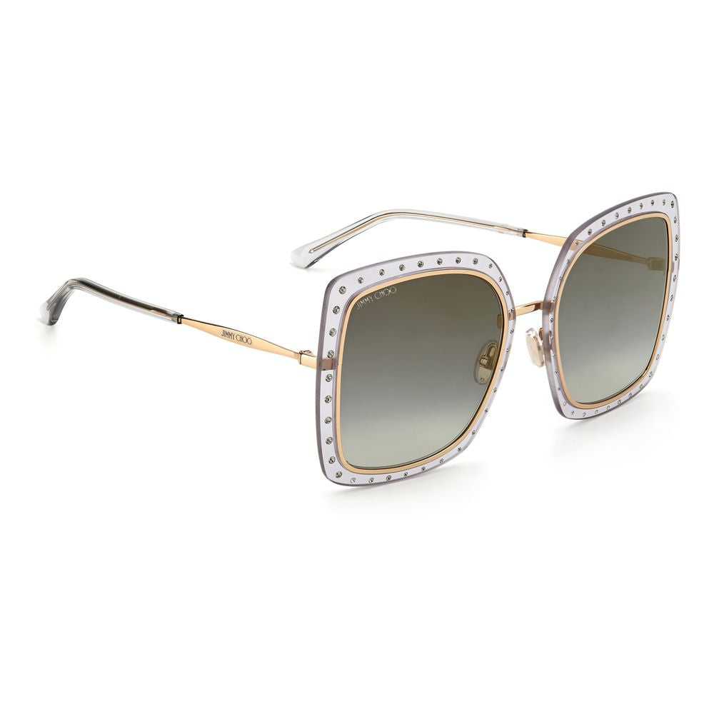 Jimmy Choo gold metal sunglasses with crystal accents, luxurious design, 56/21/145mm dimensions, perfect for a stylish look.