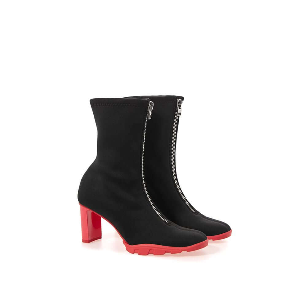 Alexander McQueen Black Neoprene Boot with Red Heel and Sole, featuring a zipper fastening and round toe, luxury fashion footwear.
