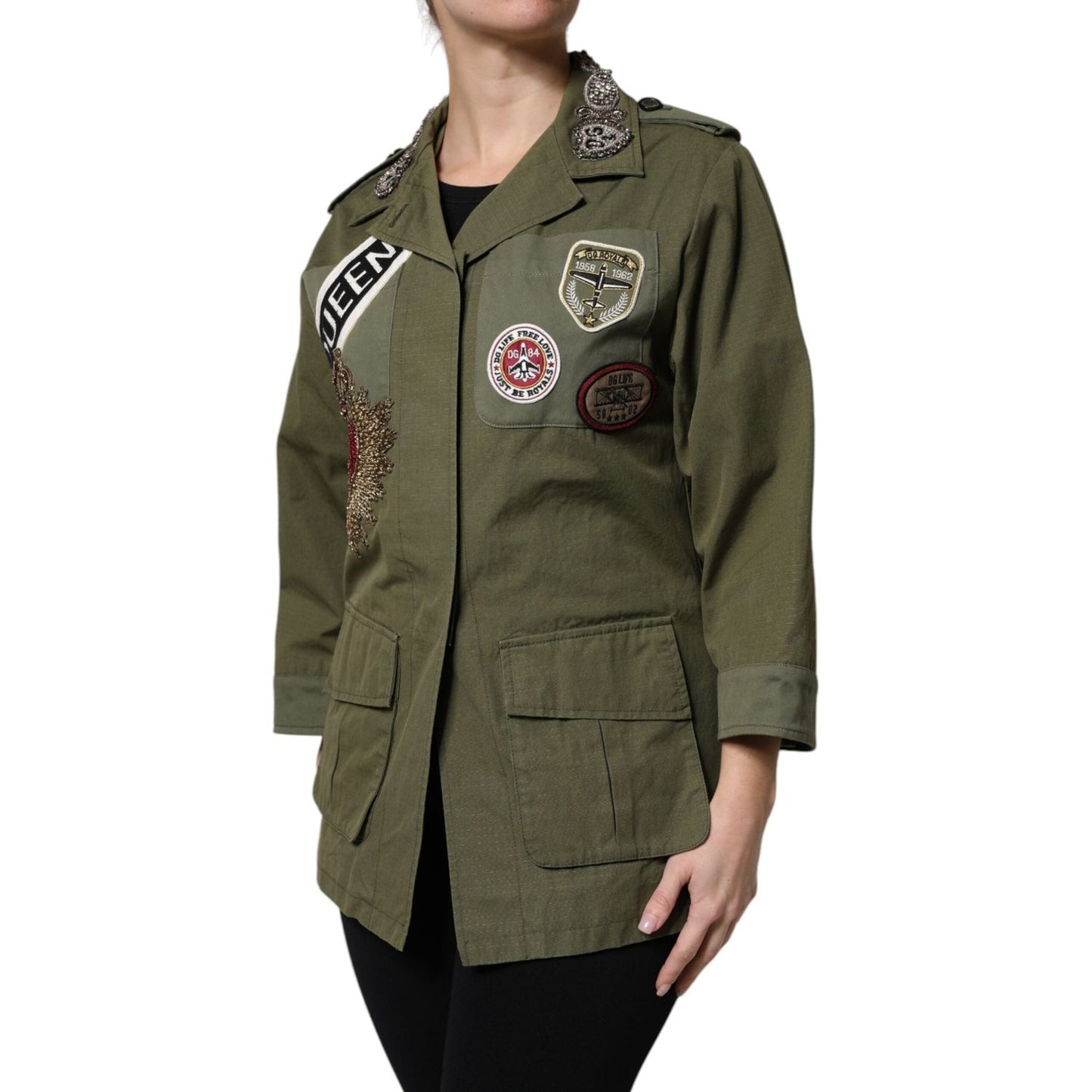 Dolce & Gabbana Military Green Queen Embellished Coat Jacket JKT41387-38