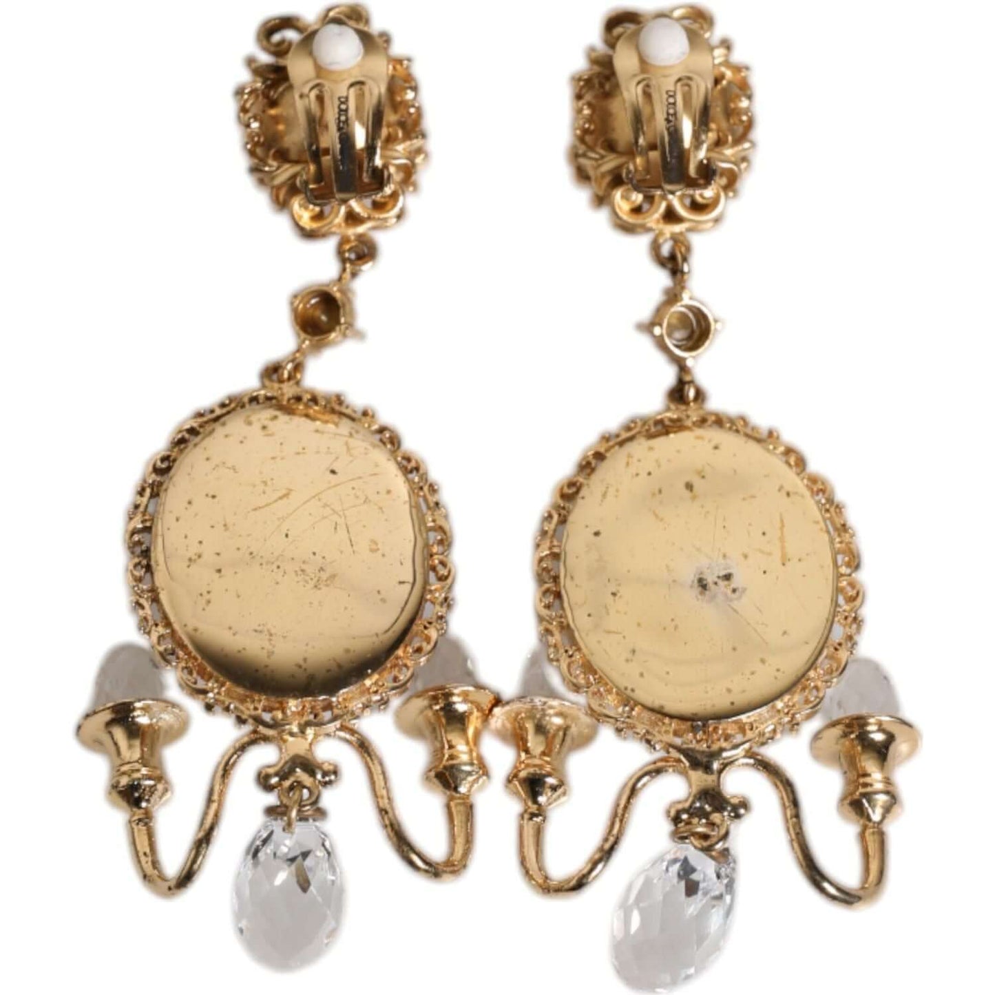 Dolce & Gabbana gold brass clip-on earrings with clear crystal and mirror elements, baroque style, 9cm long, made in Italy.