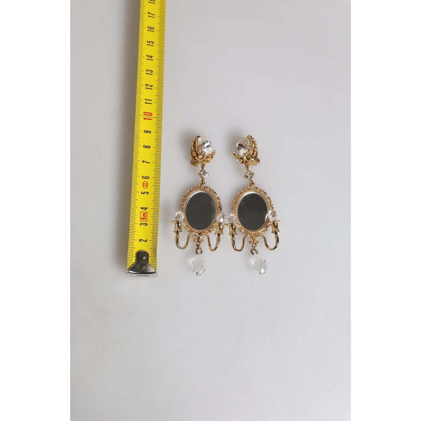 Dolce & Gabbana gold brass dangling earrings with clear crystals and mirror element, baroque design, clip-on, measuring 9cm