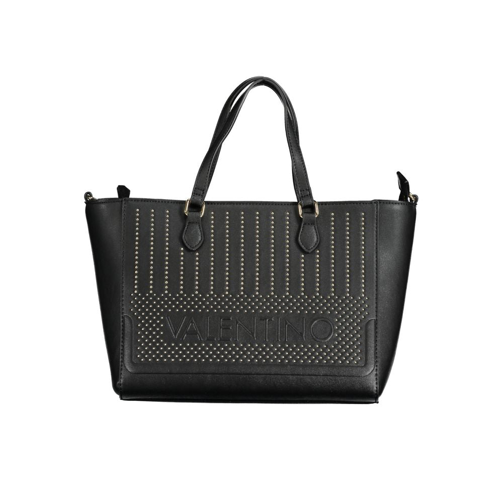 Valentino black polyethylene handbag with two handles, adjustable strap, zip closure, internal pocket, and contrasting details.