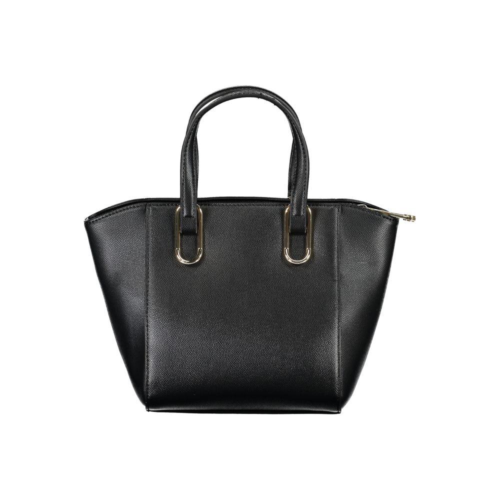 Tommy Hilfiger black polyethylene handbag with two handles, adjustable strap, internal pocket, contrast details, and zip closure.
