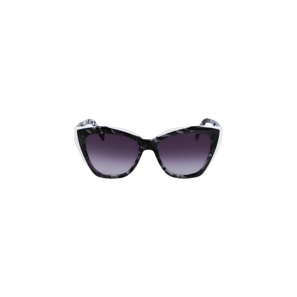 Liu Jo white acetate sunglasses with black square lenses and contrast details, lens width 53mm, bridge width 17mm, temple length 140mm.