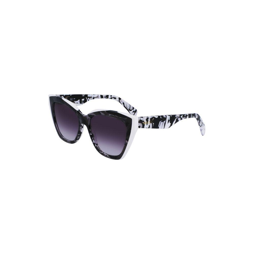 Liu Jo white acetate sunglasses with square black lenses, contrast details, and logo. Lens 53mm, bridge 17mm, temple 140mm.