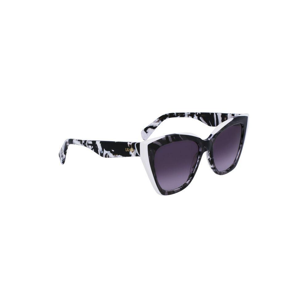 Liu Jo white acetate sunglasses with contrast details, square black lenses, logo, and dimensions 53mm lens width, 17mm bridge.