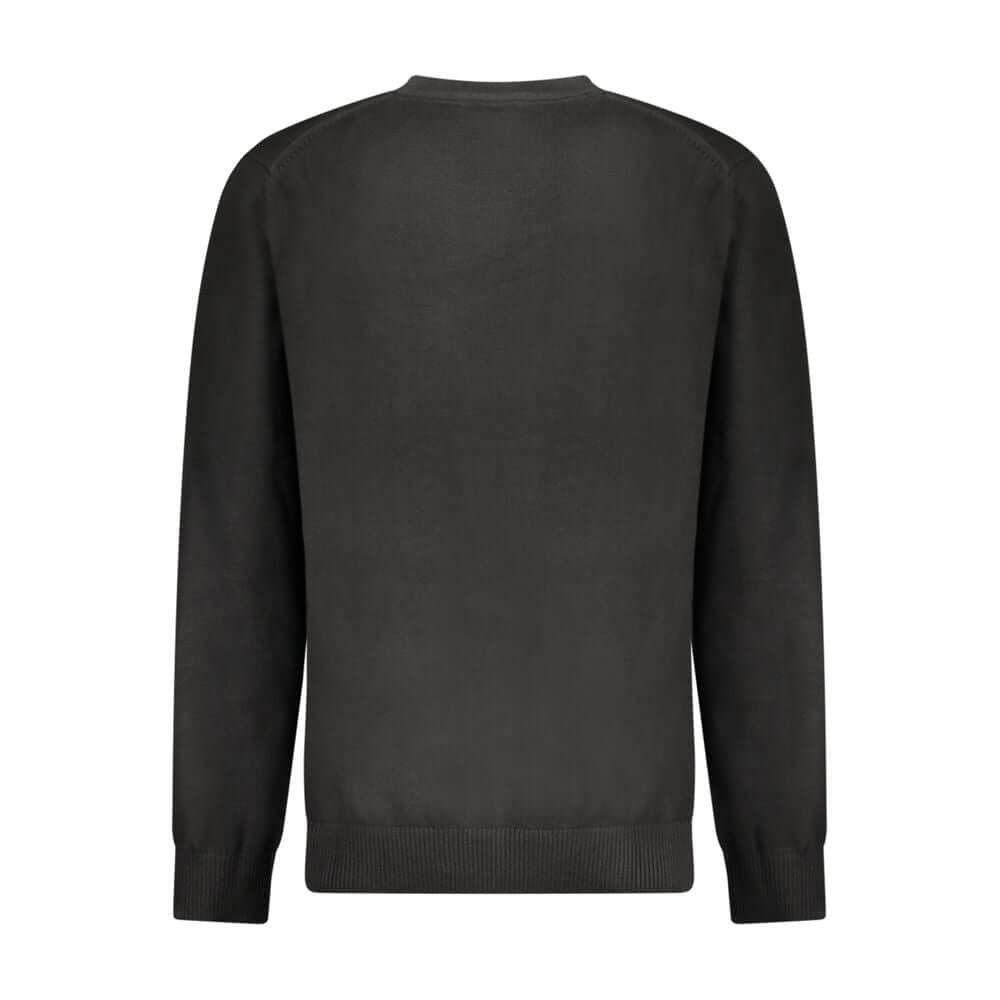 Back view of Calvin Klein black cotton men's crew neck sweater with iconic logo. Sleek and luxurious design for the modern man.