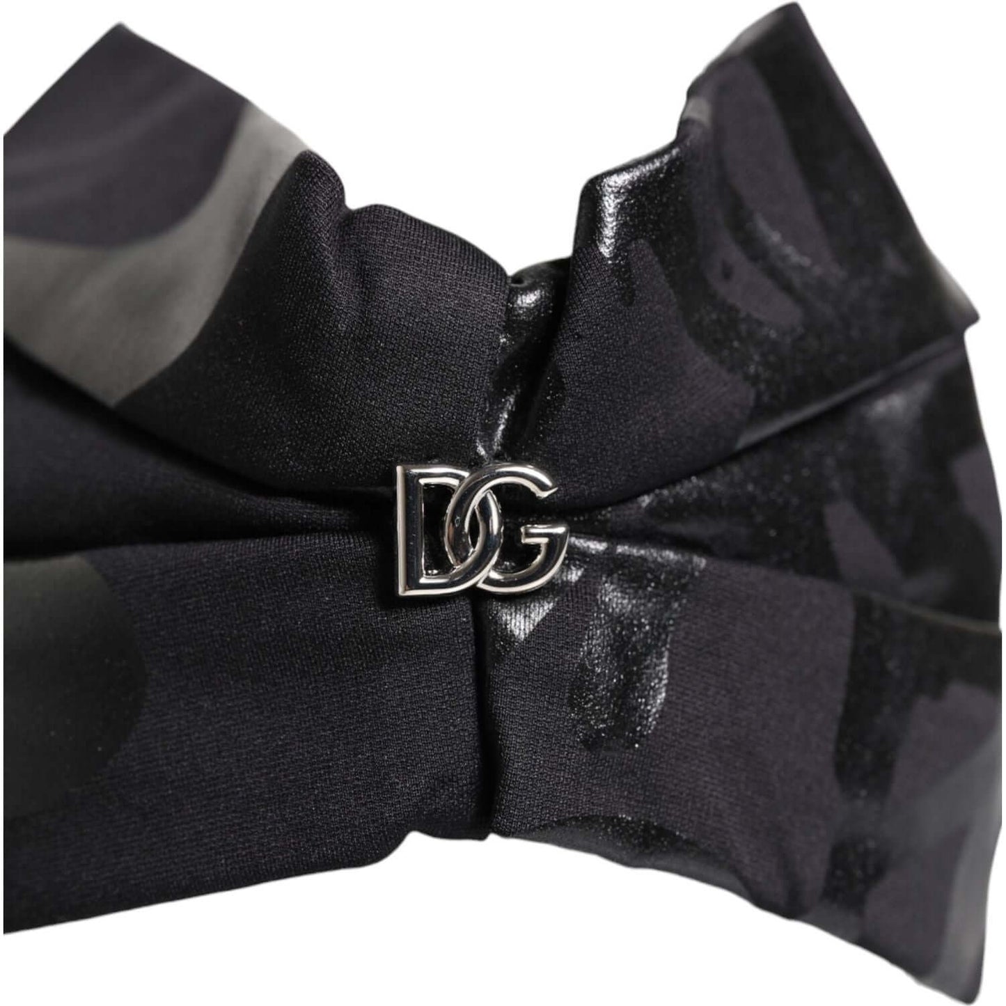 Dolce & Gabbana black nylon headband with silver DG logo, made in Italy, featuring stretch material for women.