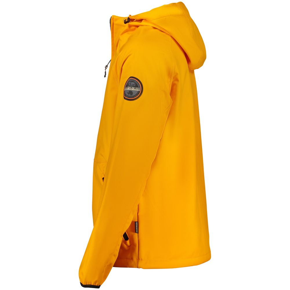 Napapijri orange polyester men's jacket with hood, featuring external pockets and logo patch - side view.