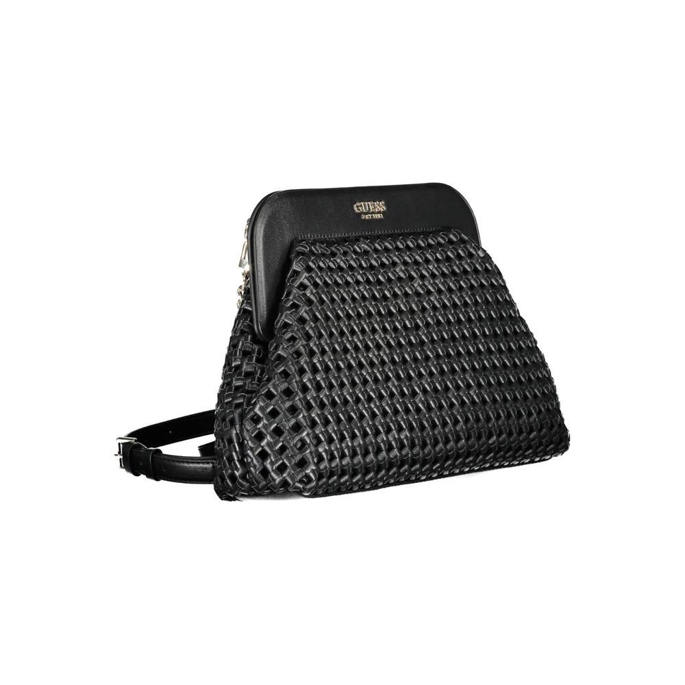 Guess Jeans black polyethylene women's handbag with adjustable strap, featuring woven design and magnet closure for urban elegance.