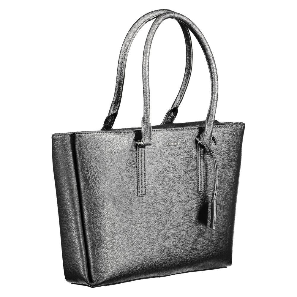 Calvin Klein black polyethylene women's handbag with two shoulder straps and structured design for eco-conscious fashion.
