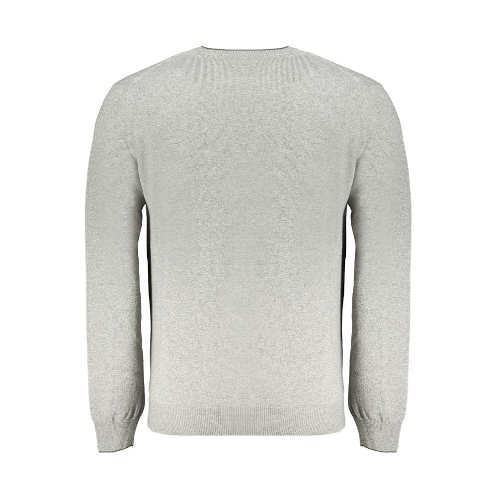 Back view of Harmont & Blaine gray cashmere sweater with long sleeves, crew neck, contrast details, and logo embroidery.