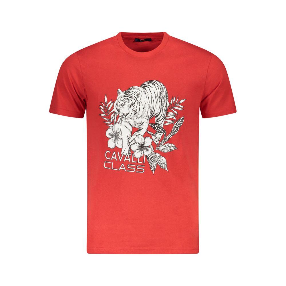 Cavalli Class red cotton men's T-shirt with bold tiger print and logo, offering luxury style and comfort for fashion-forward individuals.