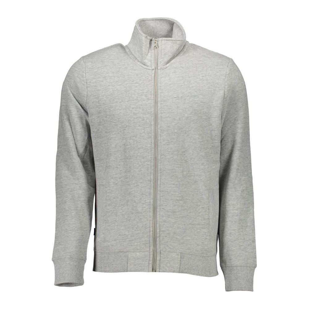 Superdry gray cotton men's sweater with zip closure, long sleeves, and embroidered logo. Stylish and comfortable sweatshirt.