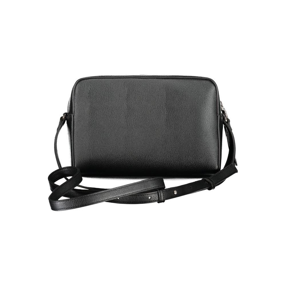 Calvin Klein black polyethylene handbag with adjustable shoulder strap, external pocket, internal document pockets, and logo.