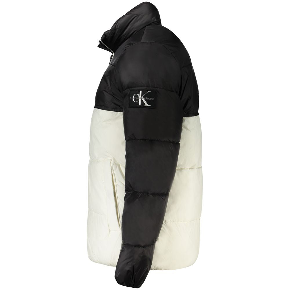 Calvin Klein white polyester men's jacket with black details and logo, featuring zip closure and external pockets for modern style.