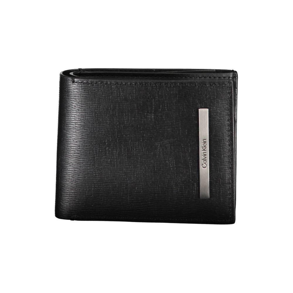 Calvin Klein sleek bifold wallet with RFID protection, eco-leather design, black color, featuring multiple compartments and card slots.