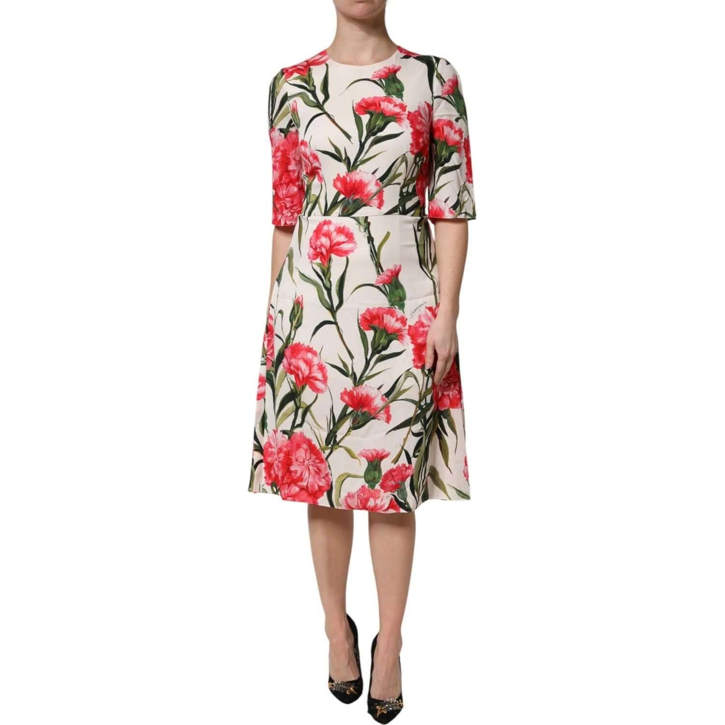 Dolce & Gabbana pink floral short sleeves sheath dress, silk blend, exclusive Italian design, featuring zipper closure.