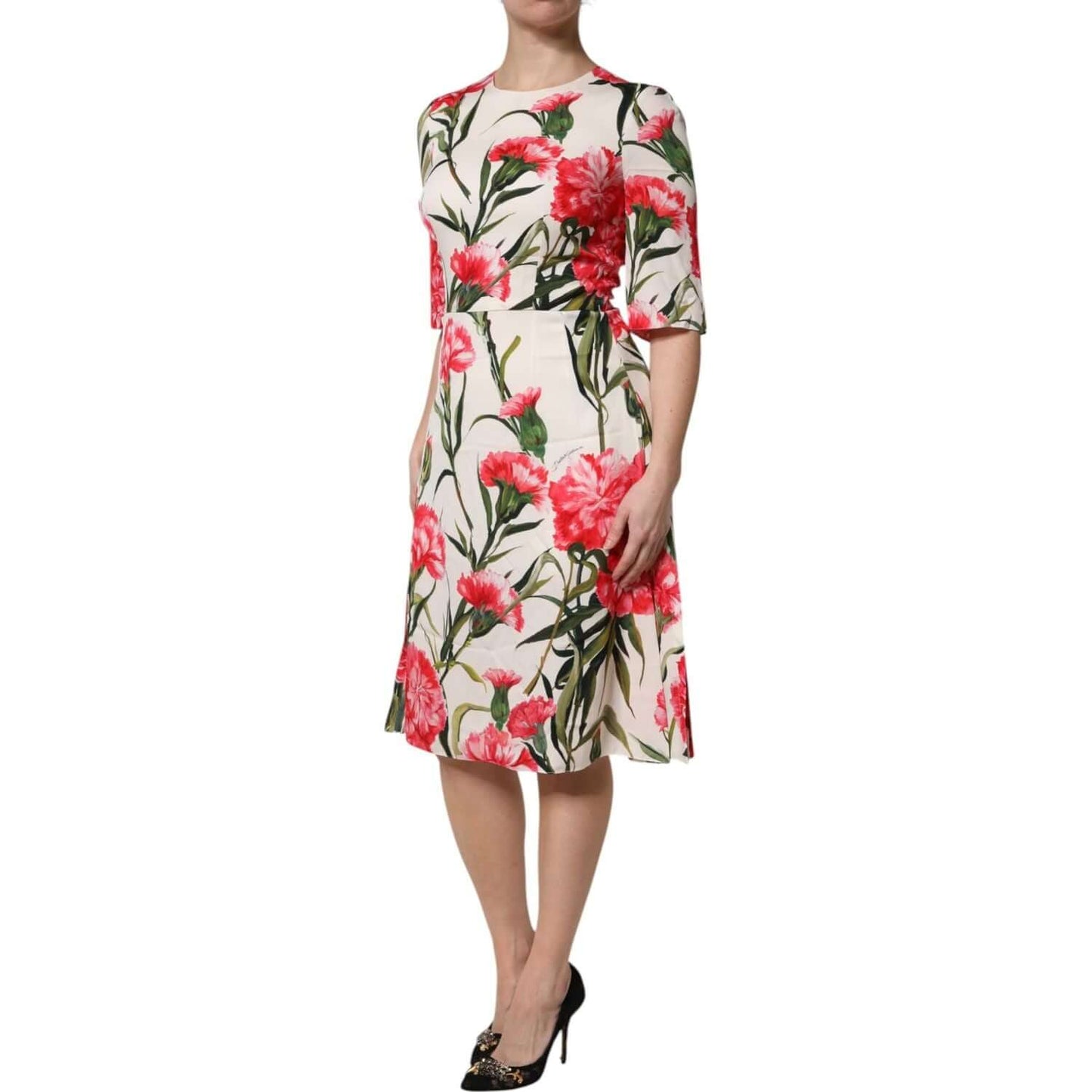 Dolce & Gabbana pink floral sheath dress with short sleeves, crafted from silk-elastane blend, featuring minor makeup stains on neckline.