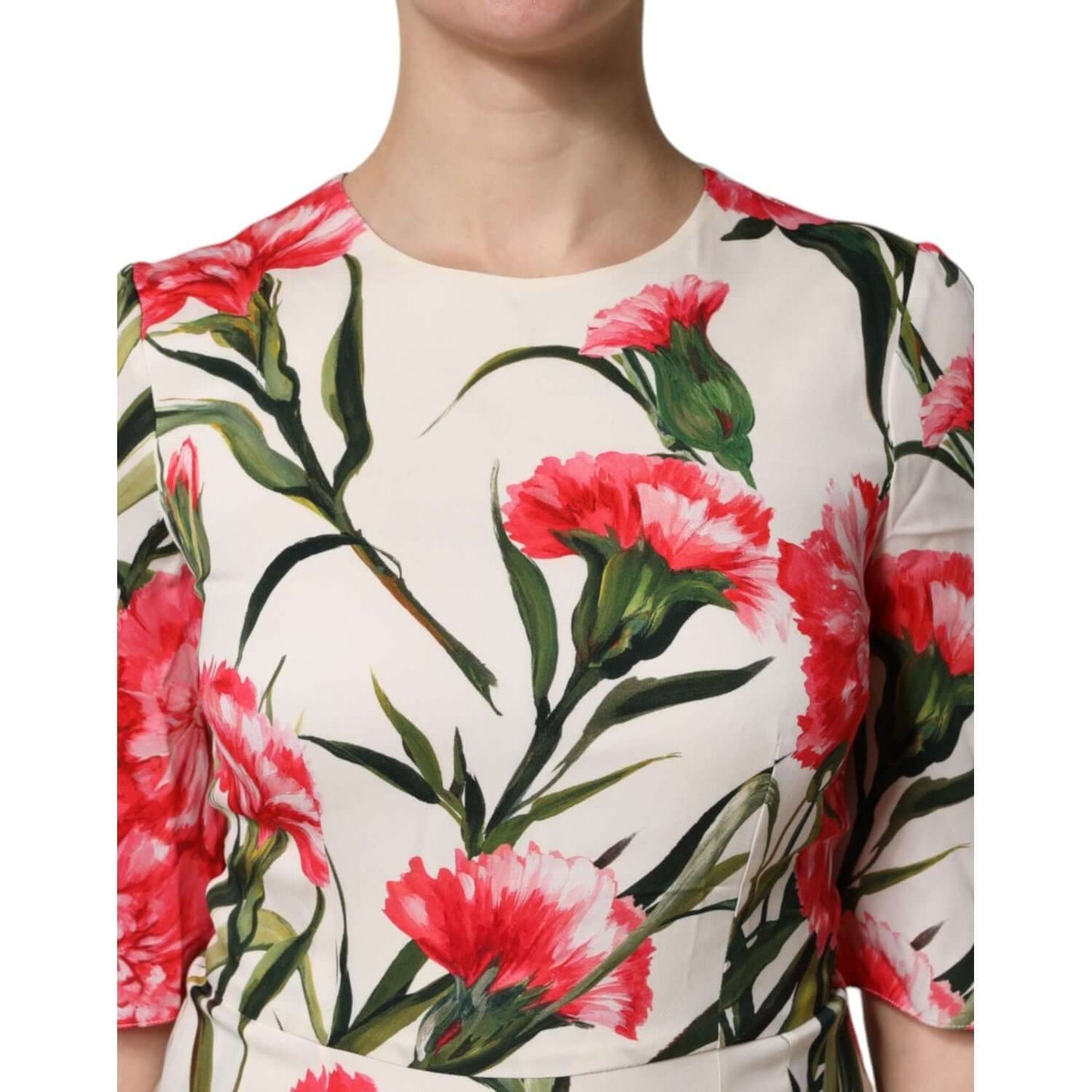 Dolce & Gabbana pink floral print sheath dress with short sleeves, silk-elastane blend, visible floral patterns, exclusive Italian craftsmanship.