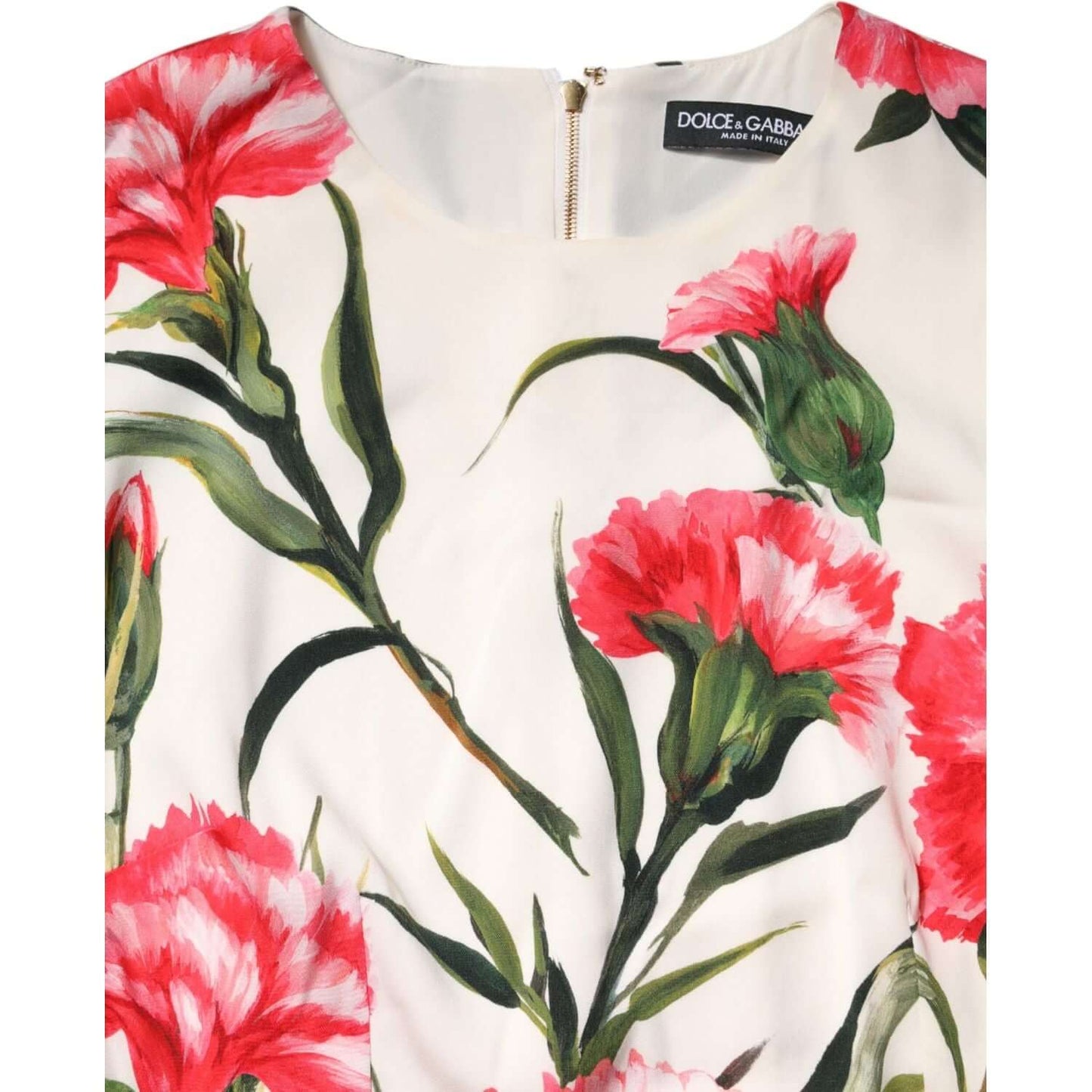 Dolce & Gabbana pink floral print dress with short sleeves, silk blend, zipper closure, and logo details. High craftsmanship dress from Italy.