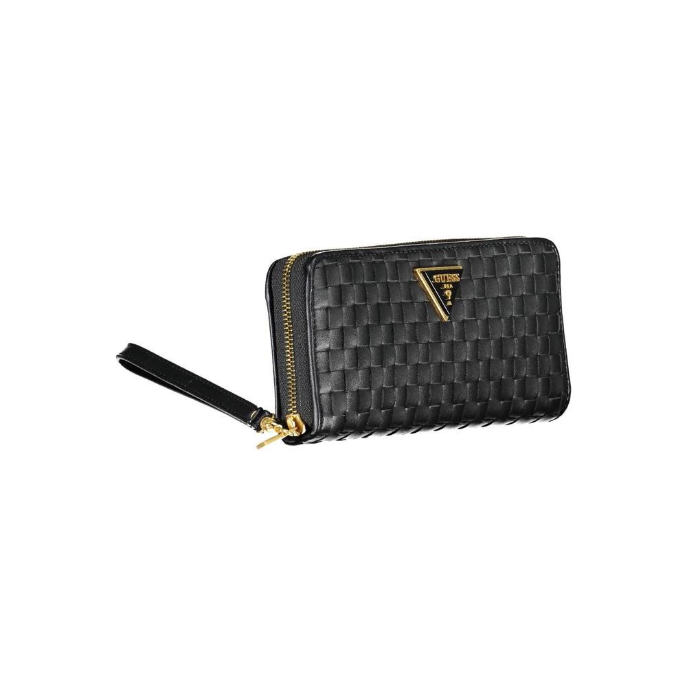 Elegant Guess Jeans black wallet with gold zip, multi-compartment, and modern detailing for everyday sophistication.