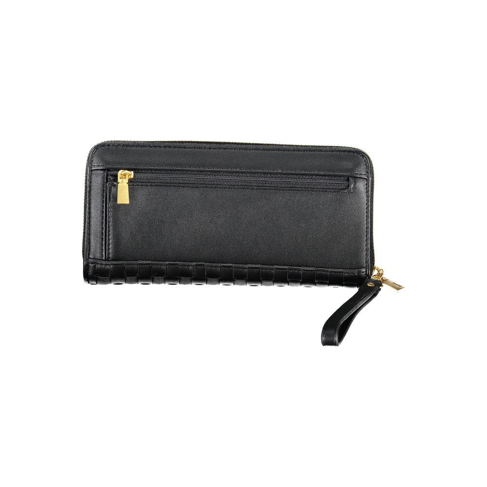 Guess Jeans elegant black wallet with multi-compartments, featuring a zip closure and external pocket for everyday sophistication.