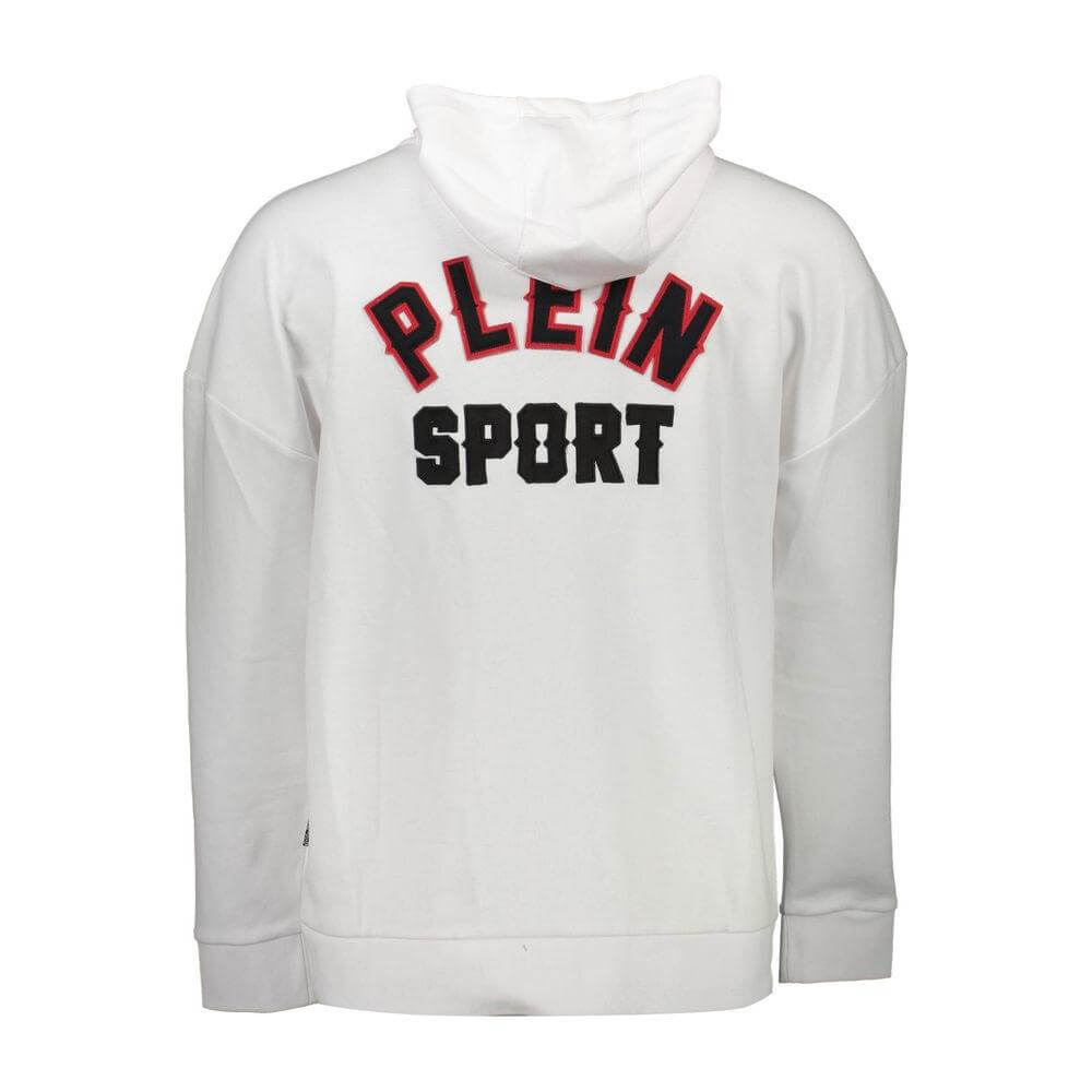 Plein Sport white cotton men's sweater with hood, bold logo on back, long sleeves, zip closure, embodying sport-luxe style.