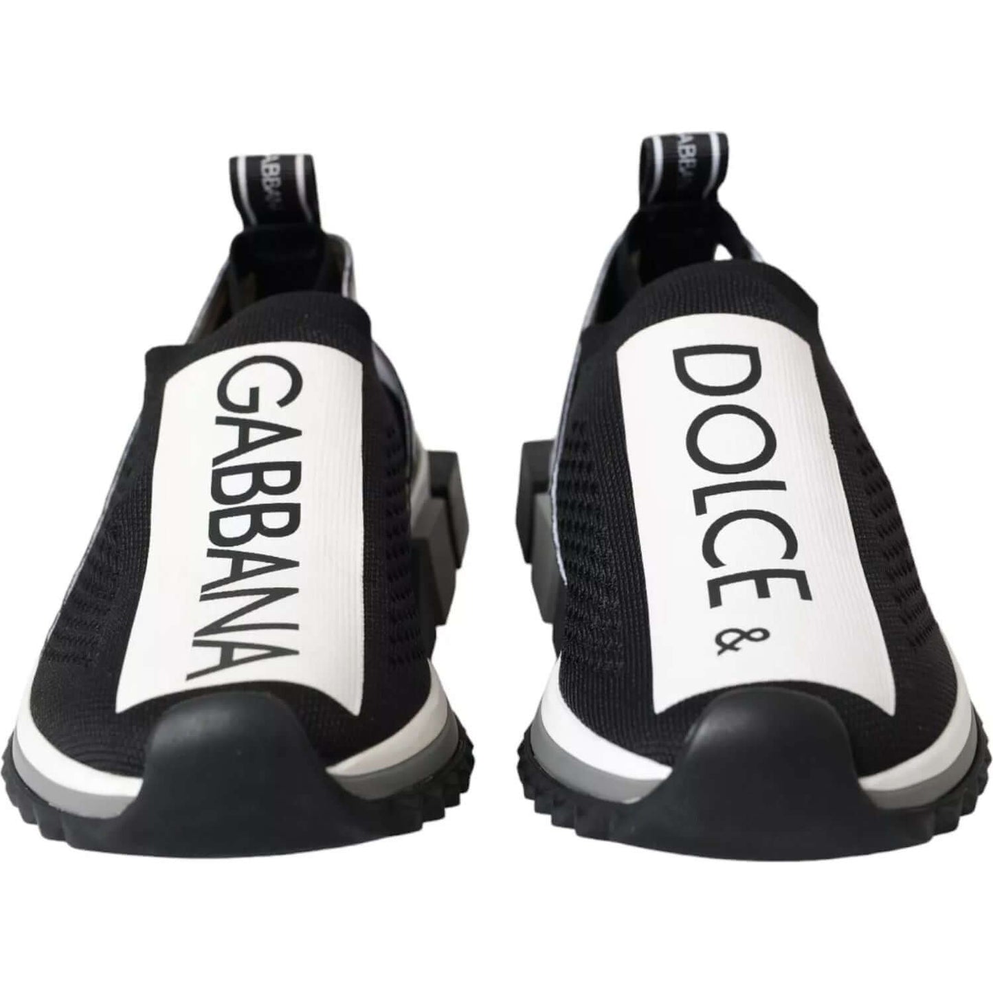 Dolce & Gabbana Sorrento sneakers in black and white with logo print, rubber sole, and pull strap. Made in Italy. Front view.
