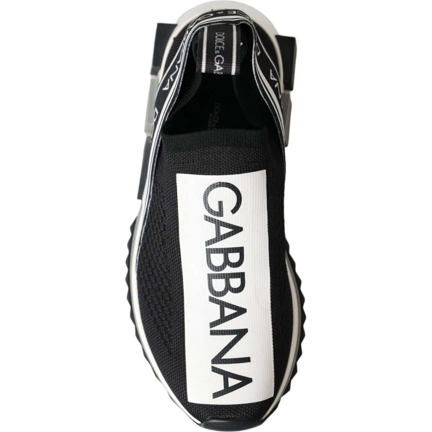 Dolce & Gabbana Sorrento Sneakers, black and white slip-on sock design, logo print, rubber sole, authentic store sample.