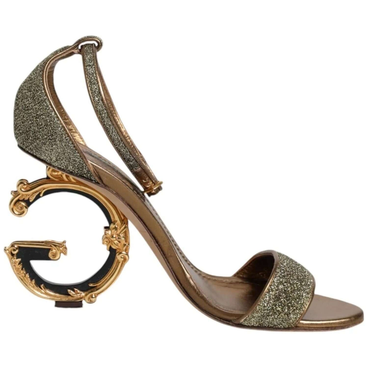 Dolce & Gabbana gold lurex ankle strap heel sandals with logo detail, buckle closure, and leather sole. Exclusive Italian craftsmanship.