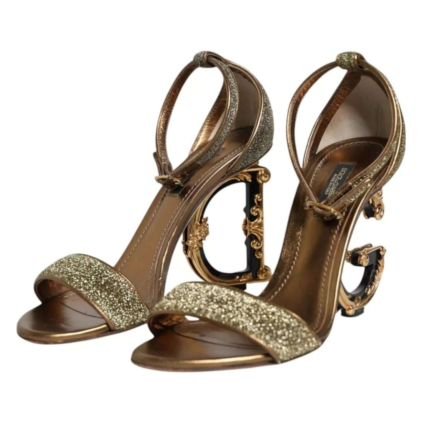 Dolce & Gabbana gold lurex ankle strap heel sandals with logo details and buckle closure, preowned luxury shoes made in Italy.
