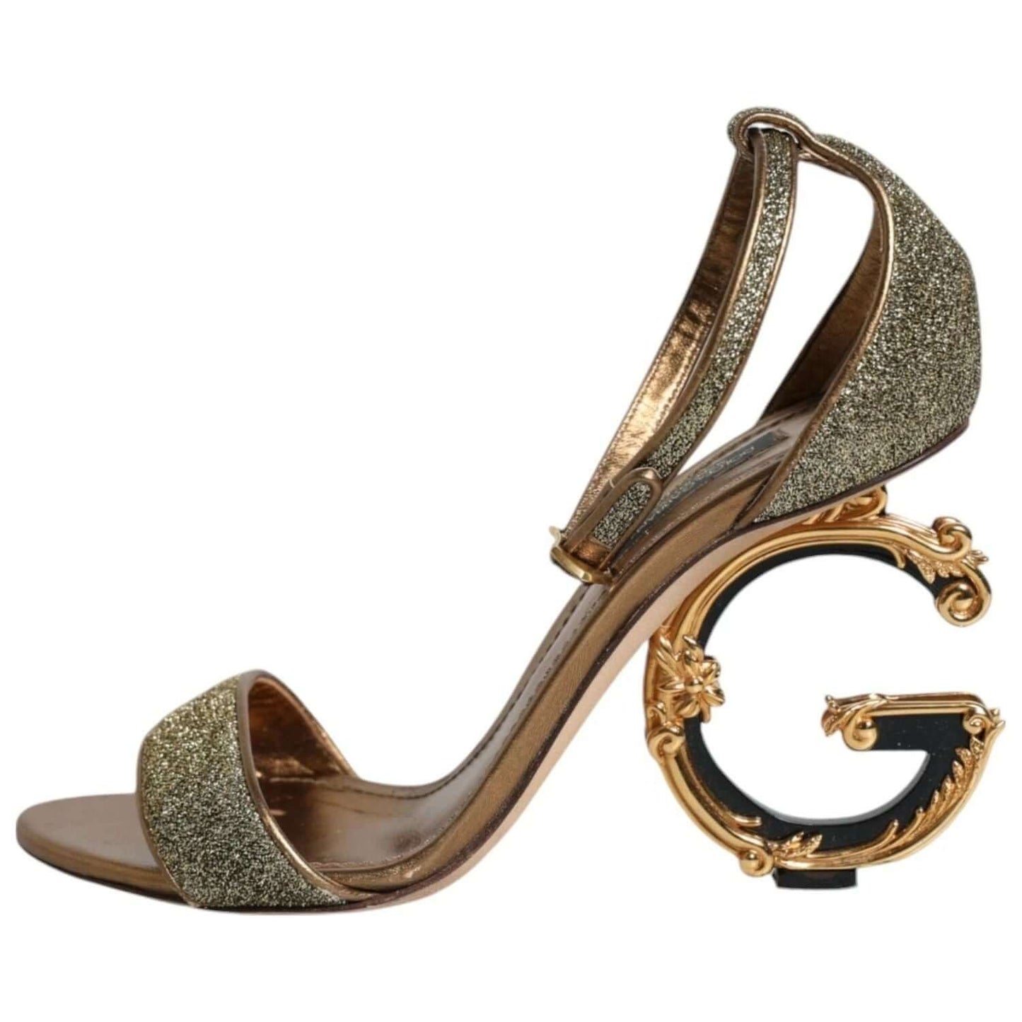 Dolce & Gabbana Gold Lurex Ankle Strap Heel Sandals with logo, buckle closure, and intricate detailing. Made in Italy.