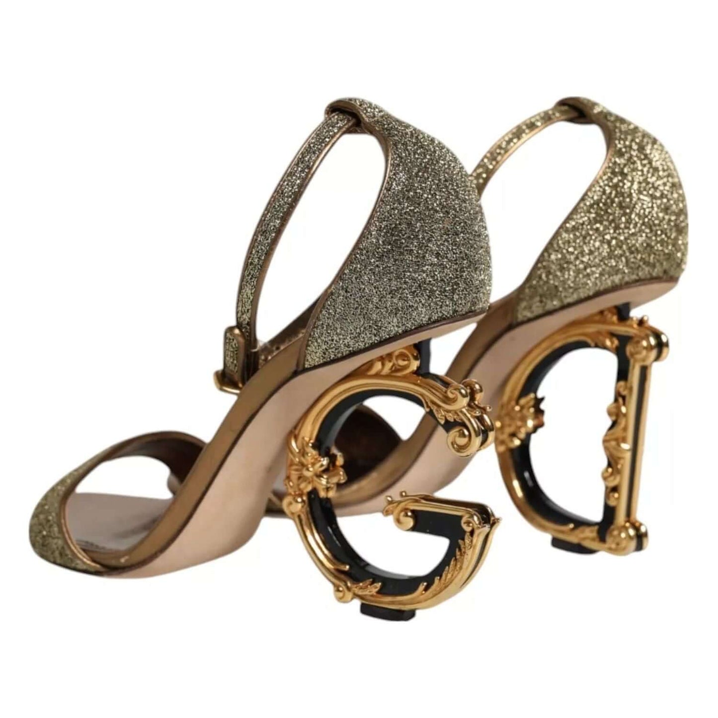 Dolce & Gabbana gold lurex ankle strap sandals with logo ornate heels, made in Italy, luxury fashion, minor wear marks visible