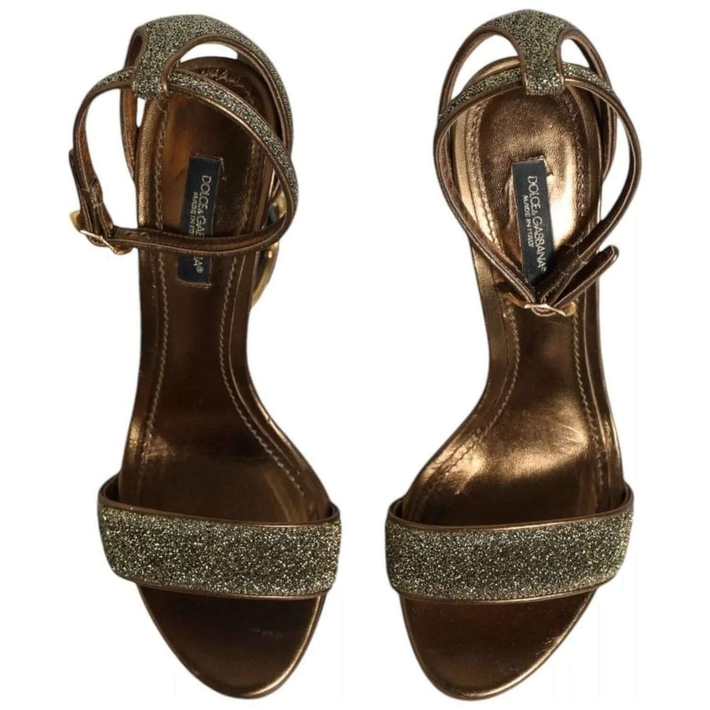Dolce & Gabbana gold lurex ankle strap heel sandals with logo, preowned with minor wear, made in Italy, luxury craftsmanship.