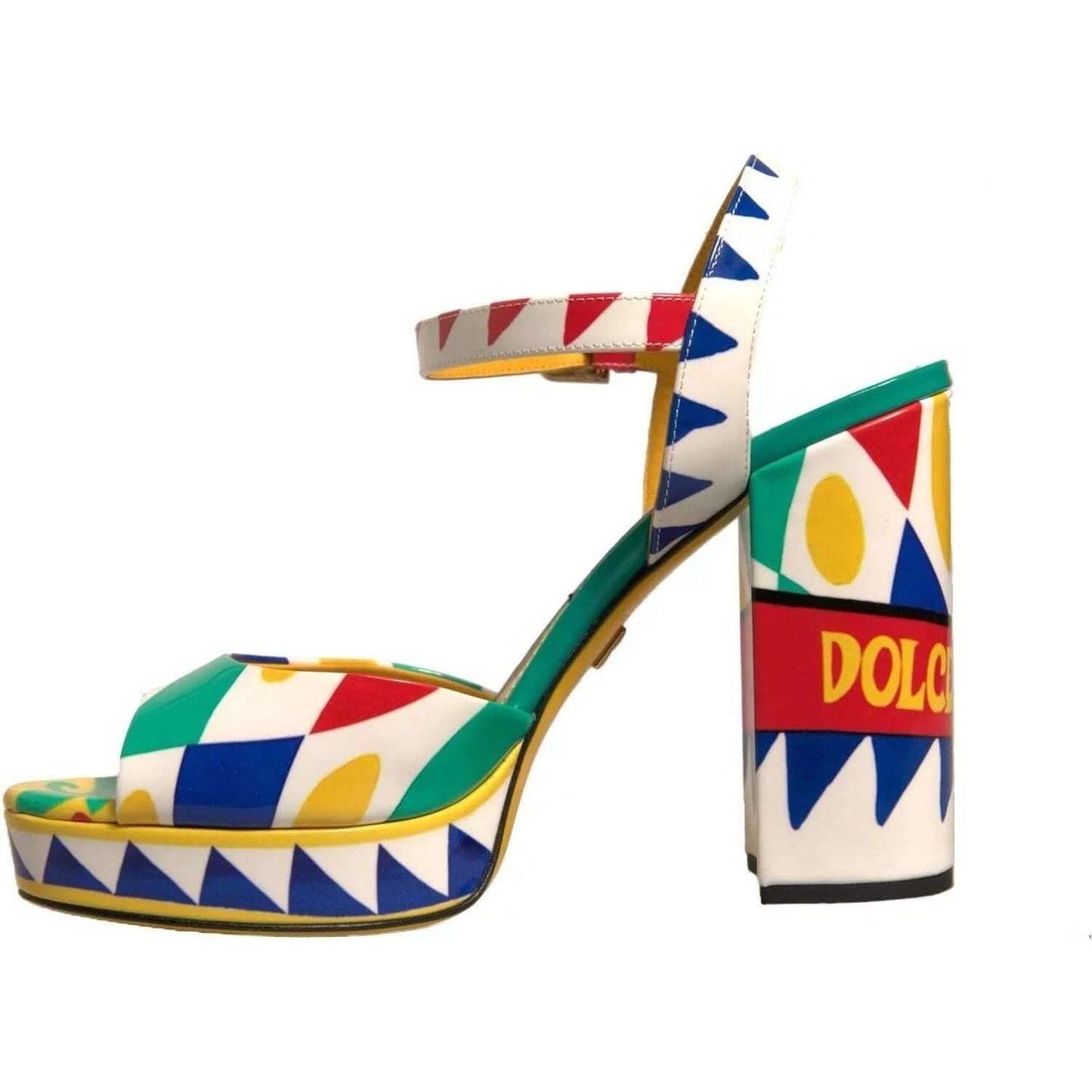 Dolce & Gabbana multicolor carretto ankle strap heels with leather sole and buckle closure, showcasing exclusive design and craftsmanship.