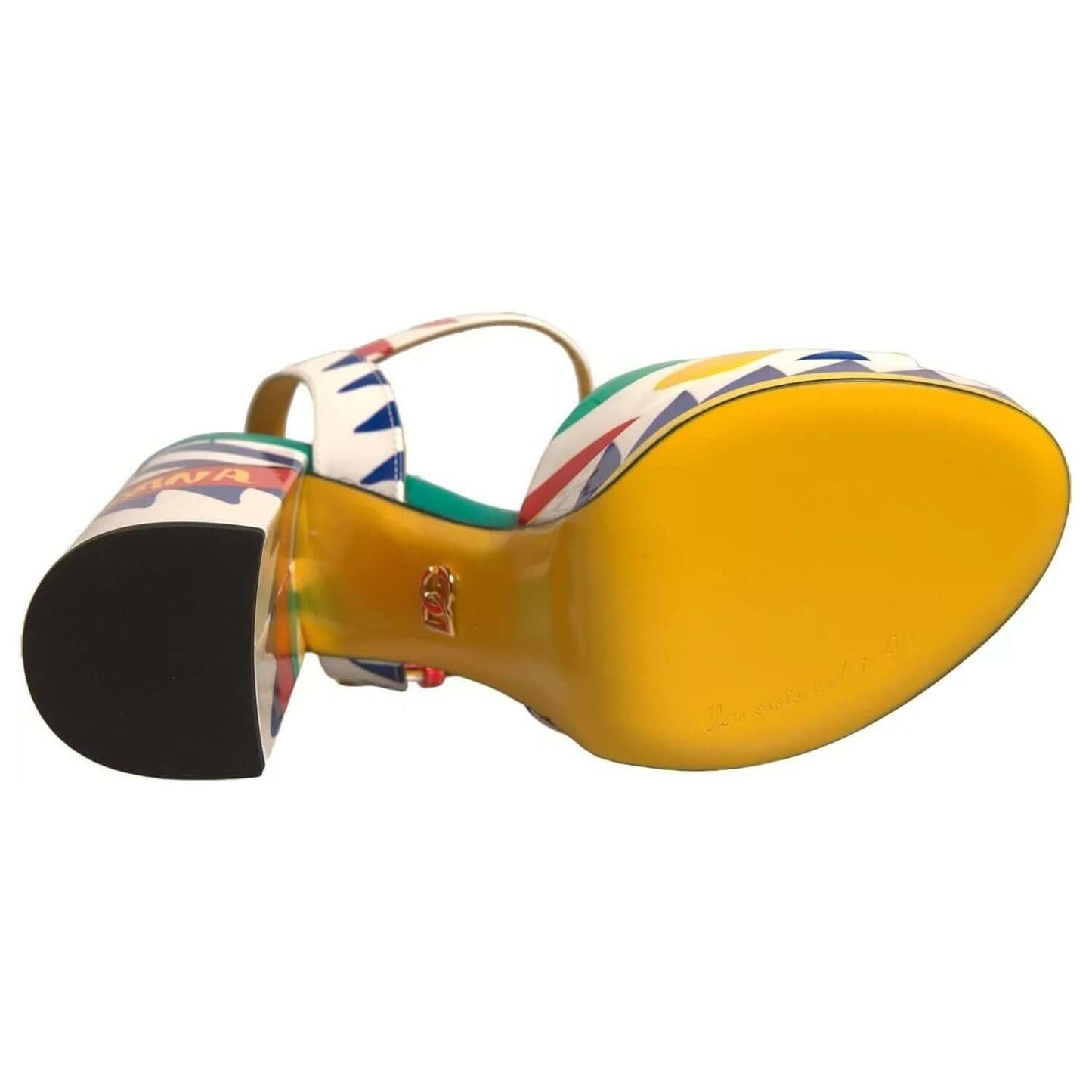 Dolce & Gabbana multicolor carretto ankle strap heels, showing sole and heel. High craftsmanship, minor defect with mismatched sizes.