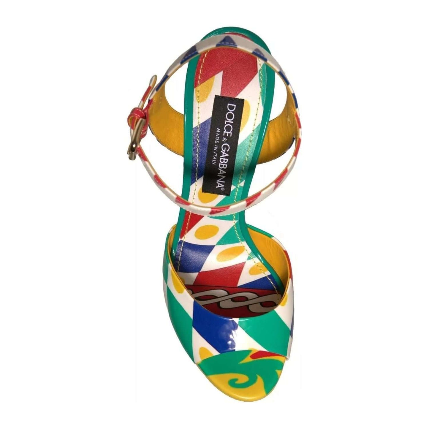 Dolce & Gabbana multicolor carretto ankle strap sandal with buckle closure, crafted from 100% calf leather, showcasing vibrant patterns.