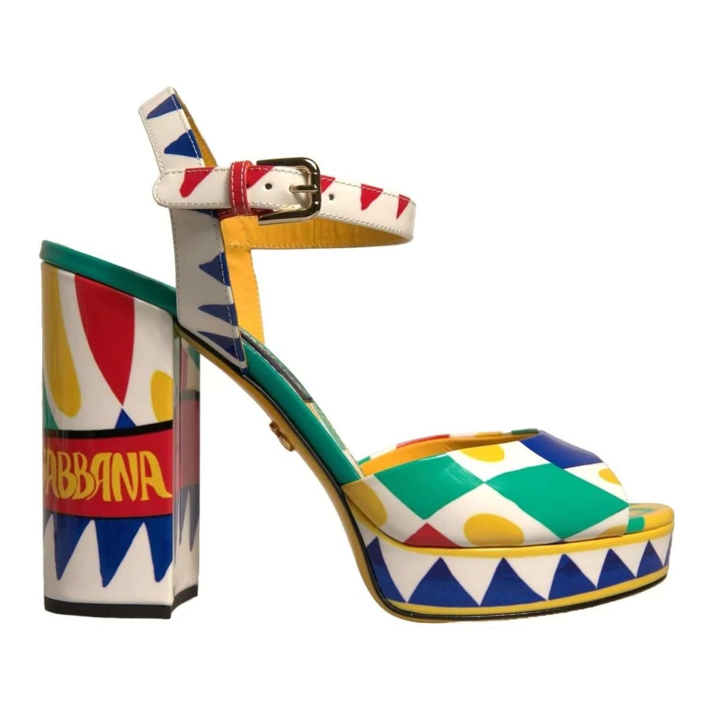 Dolce & Gabbana multicolor ankle strap high heels sandals with carretto pattern and buckle closure.