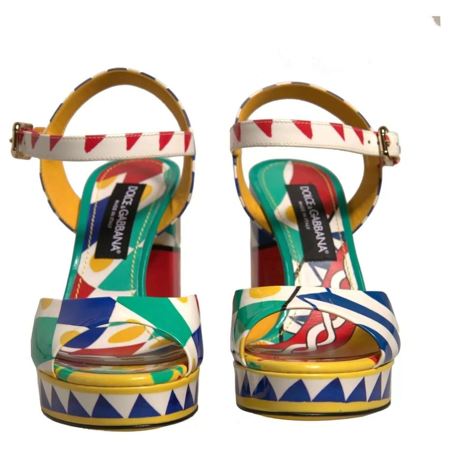 Dolce & Gabbana multicolor carretto ankle strap heels sandals made of 100% calf leather with buckle closure, showcasing exclusive craftsmanship.