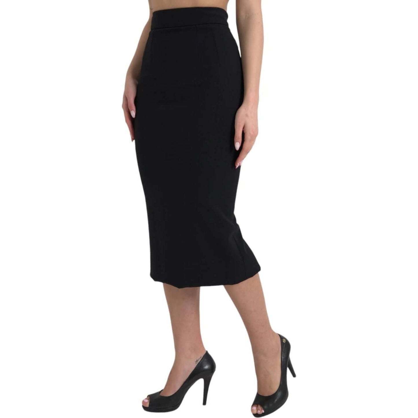 Dolce & Gabbana black wool high waist pencil midi skirt with minor front defect, featuring a back zipper closure.