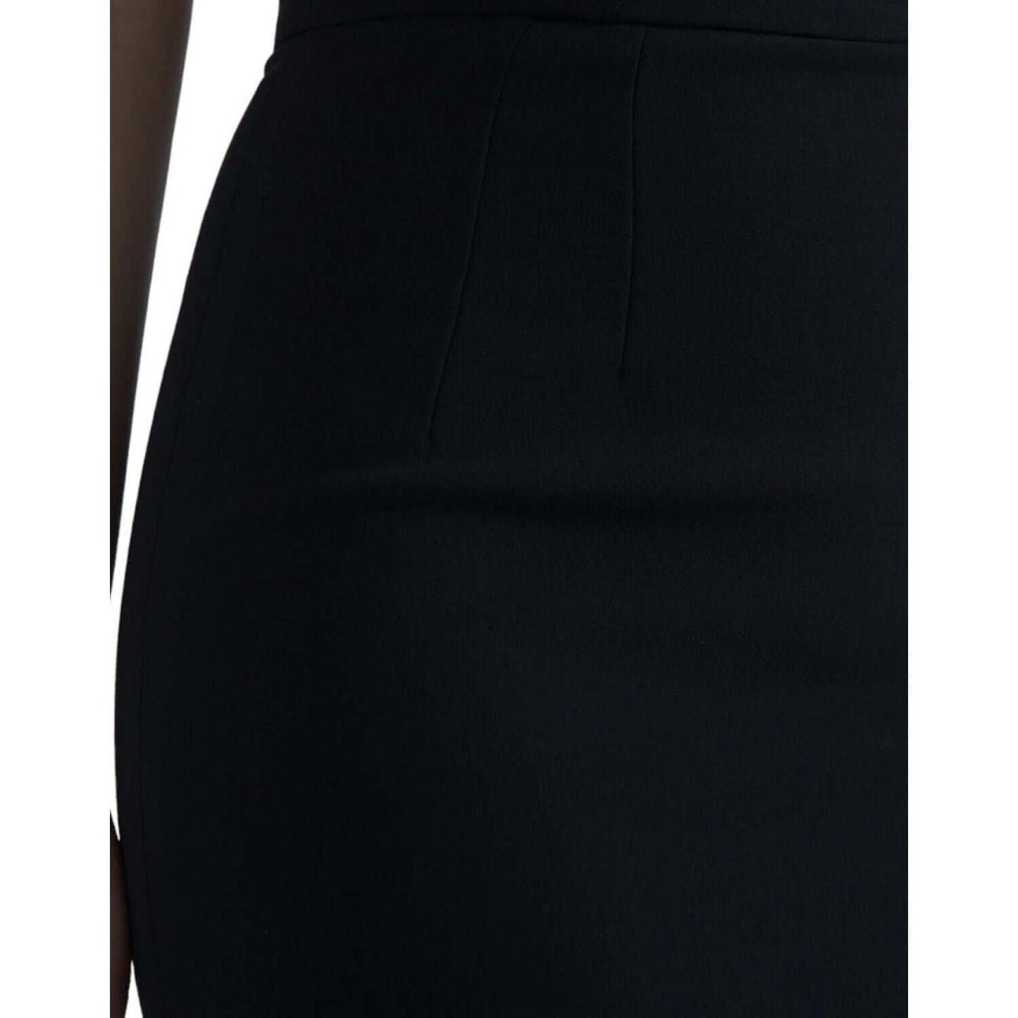 Dolce & Gabbana black wool high waist pencil midi skirt with zipper and logo detail, showing minor defect with pulled threads.