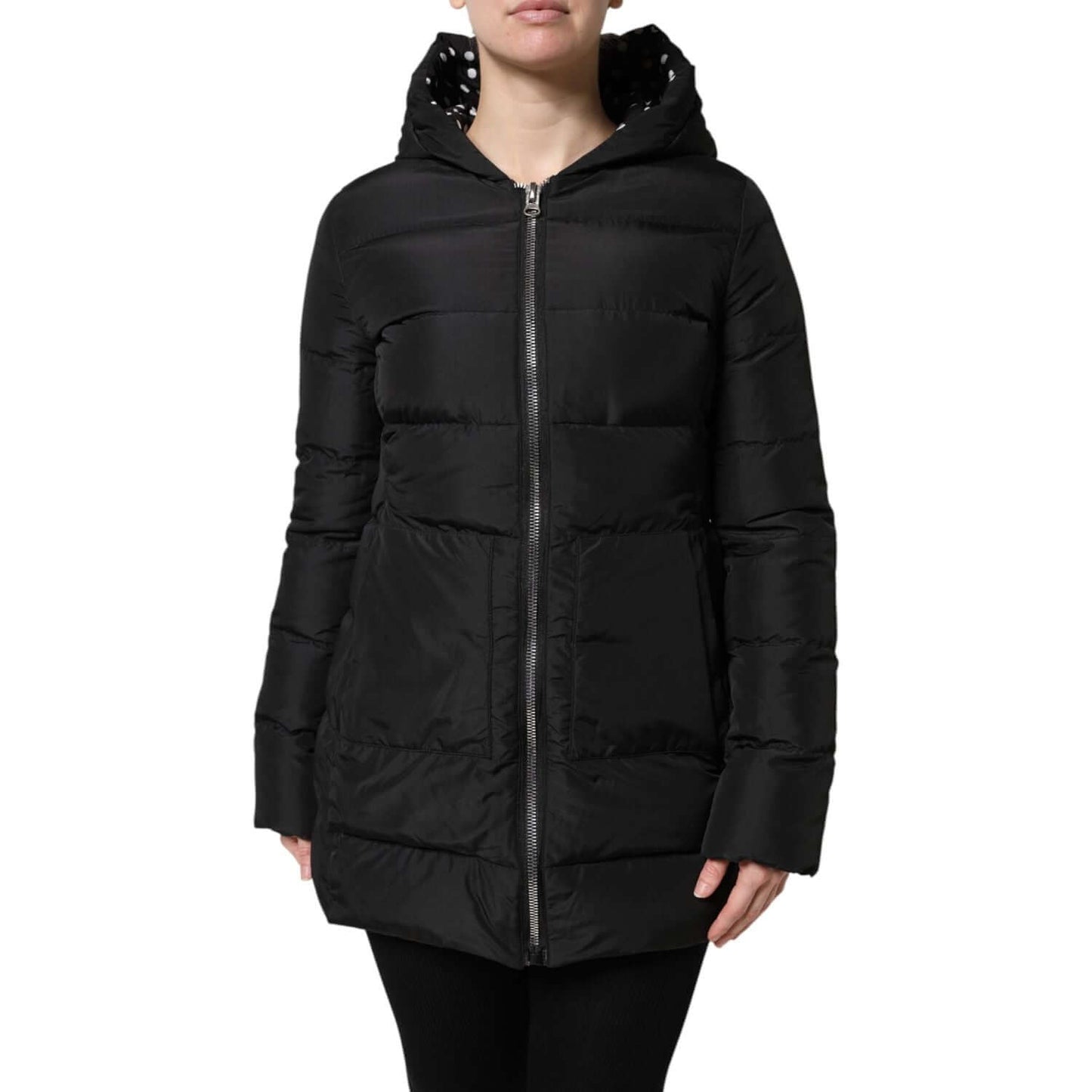 Dolce & Gabbana black puffer hooded reversible jacket, zip closure, long sleeves, logo detail, polyester, made in Italy.