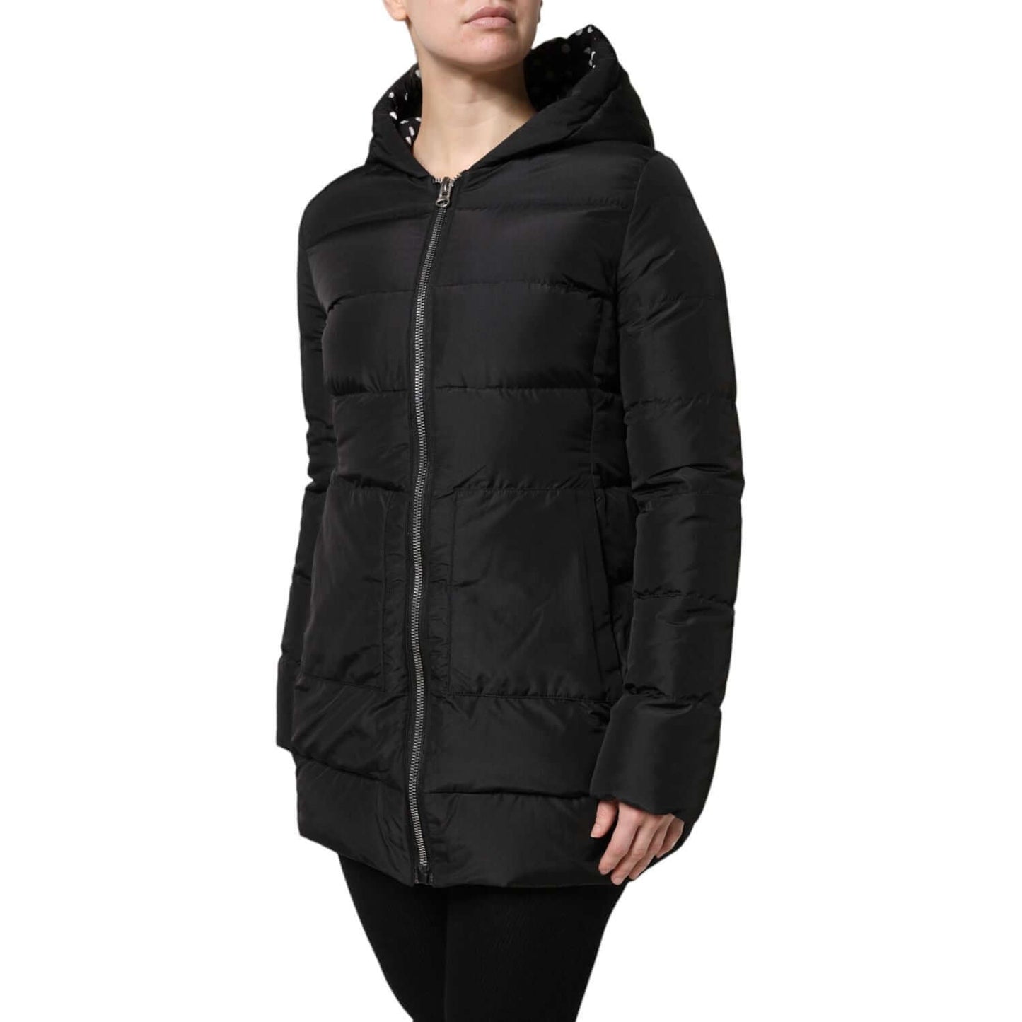 Dolce & Gabbana black puffer jacket with hood, zip front, logo details; made in Italy, polyester, reversible, store sample, exclusive design.