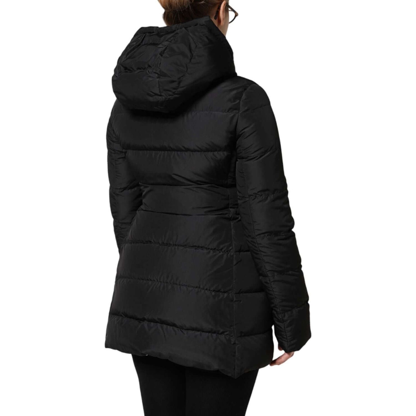 Back view of a Dolce & Gabbana black puffer hooded jacket with zip closure, polyester material, high craftsmanship, reversible design.