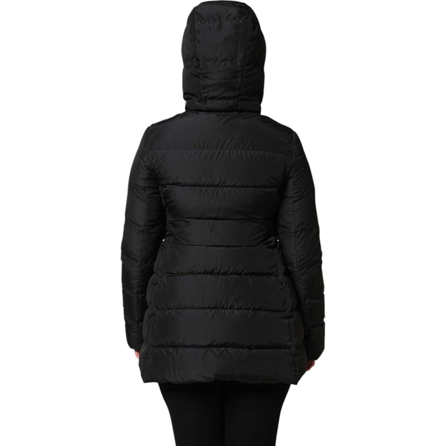 Back view of Dolce & Gabbana black puffer hooded reversible jacket, showcasing long sleeves and quilted design, made of 100% polyester.